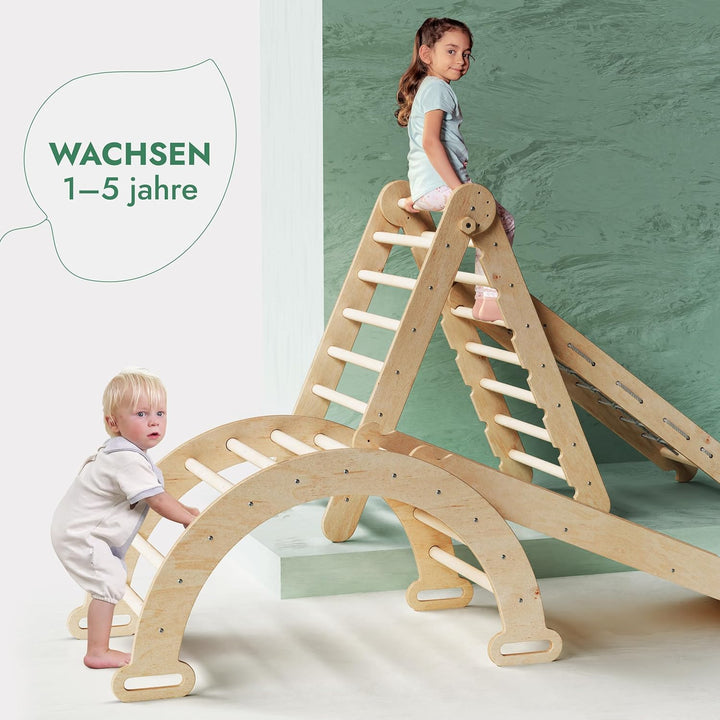 5in1 Montessori Klettergerüst Set: Kletterdreieck mit Rutsche, Kletterbogen, Kletternetz und Kissen, für Kinder 1 - 7 Jahre – Beige - Goodevas Schweiz