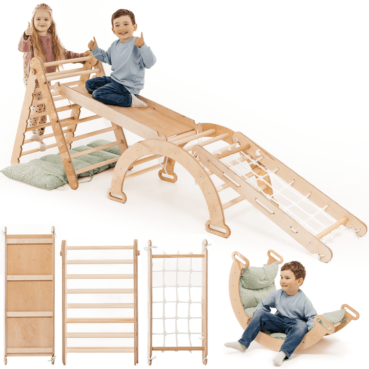 5in1 Montessori Klettergerüst Set: Kletterdreieck mit Rutsche, Kletterbogen, Kletternetz und Kissen, für Kinder 1 - 7 Jahre – Beige - Goodevas Schweiz