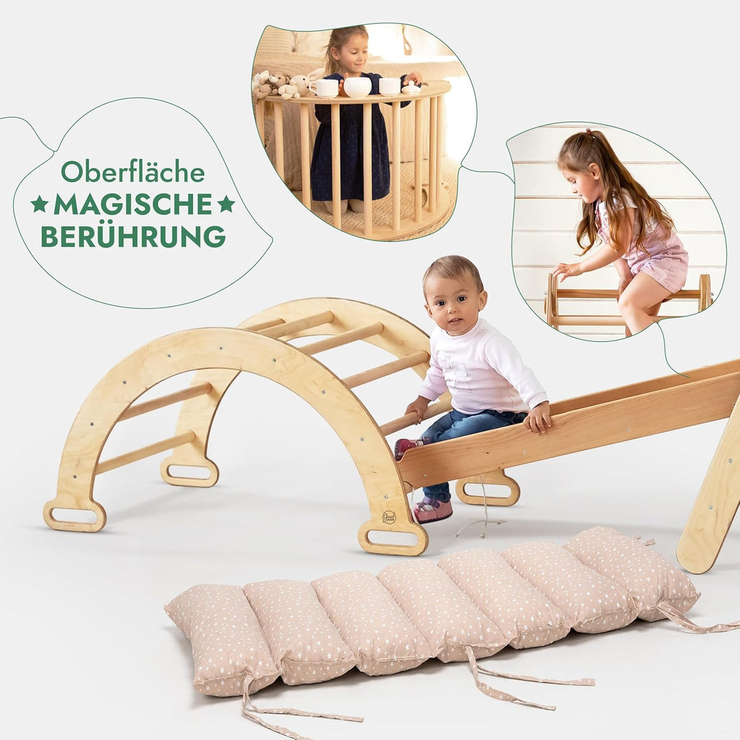 5in1 Montessori Klettergerüst Set: Kletterdreieck mit Rutsche, Kletterbogen, Kletternetz und Kissen, für Kinder 1 - 7 Jahre – Beige - Goodevas Schweiz