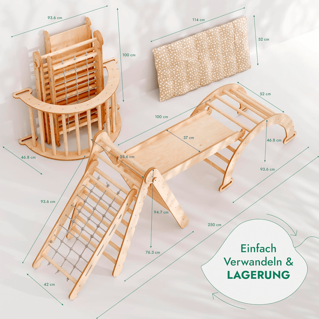 5in1 Montessori Klettergerüst Set: Kletterdreieck mit Rutsche, Kletterbogen, Kletternetz und Kissen, für Kinder 1 - 7 Jahre – Beige - Goodevas Schweiz