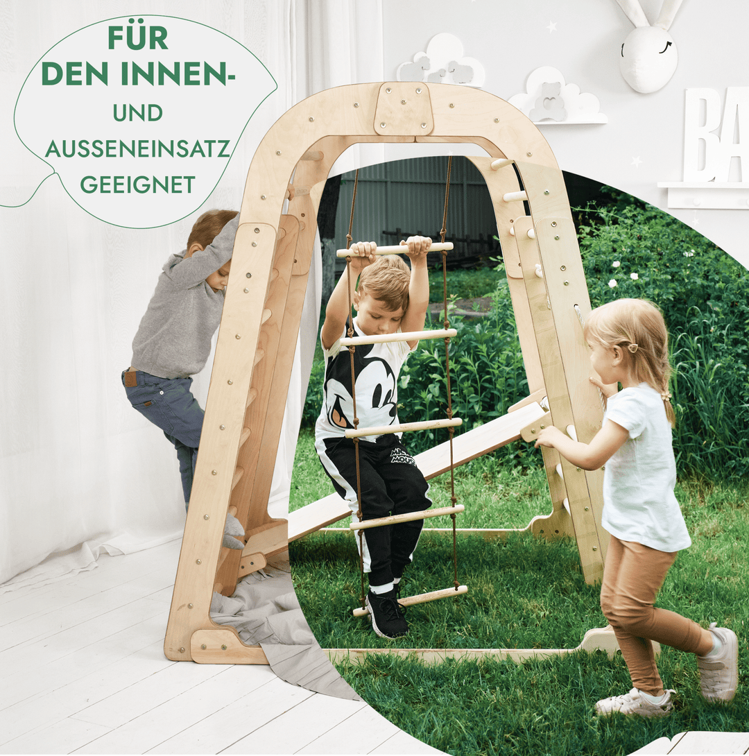 6in1 Indoor Spielplatz für Kinder: Klettergerüst mit Kletternetz, Rutsche, Gymnastikringe, Hängende Leiter und Disc - Schaukel – Beige - Goodevas Schweiz