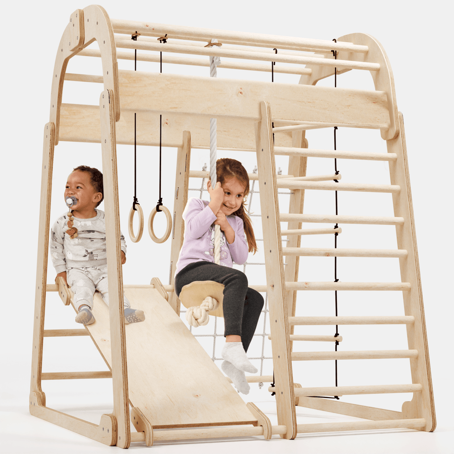6in1 Indoor Spielplatz für Kinder: Klettergerüst mit Kletternetz, Rutsche, Gymnastikringe, Hängende Leiter und Disc - Schaukel – Beige - Goodevas Schweiz