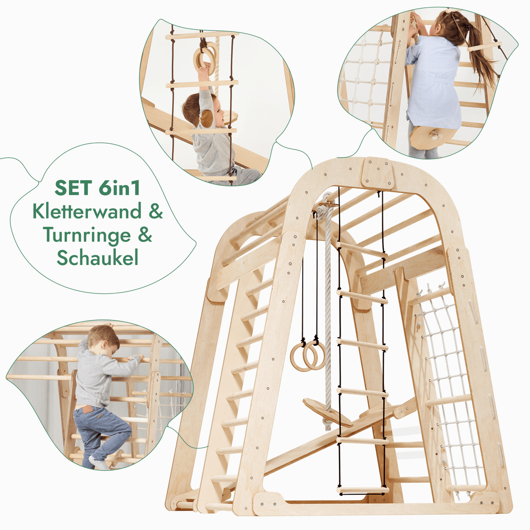 6in1 Indoor Spielplatz für Kinder: Klettergerüst mit Kletternetz, Rutsche, Gymnastikringe, Hängende Leiter und Disc - Schaukel – Beige - Goodevas Schweiz