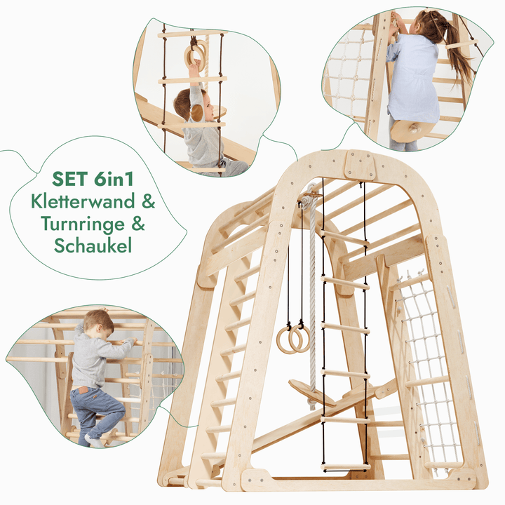 6in1 Indoor Spielplatz für Kinder: Klettergerüst mit Kletternetz, Rutsche, Gymnastikringe, Hängende Leiter und Disc - Schaukel – Beige - Goodevas Schweiz