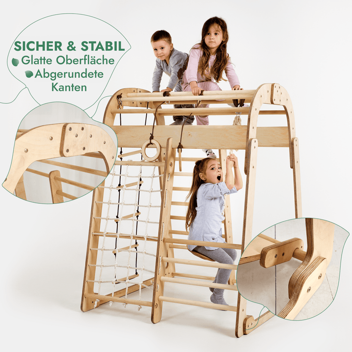 6in1 Indoor Spielplatz für Kinder: Klettergerüst mit Kletternetz, Rutsche, Gymnastikringe, Hängende Leiter und Disc - Schaukel – Beige - Goodevas Schweiz