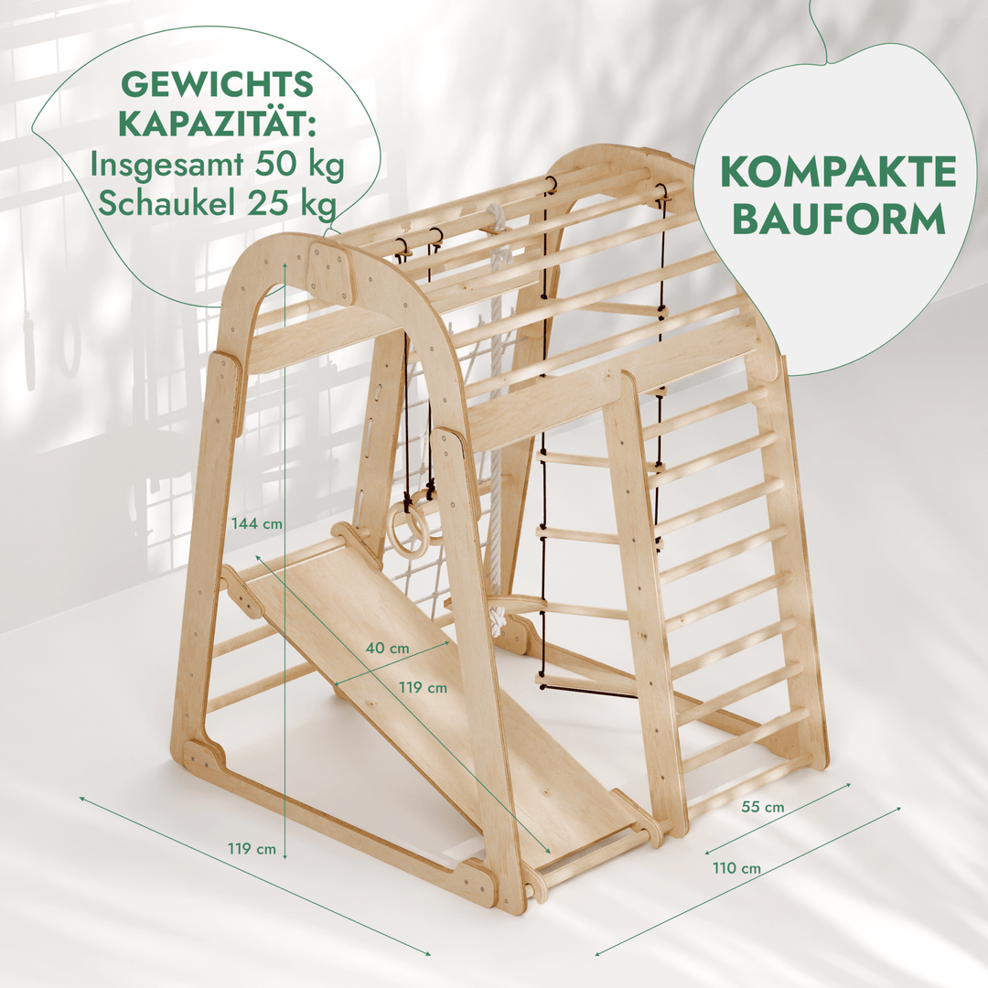 6in1 Indoor Spielplatz für Kinder: Klettergerüst mit Kletternetz, Rutsche, Gymnastikringe, Hängende Leiter und Disc - Schaukel – Beige - Goodevas Schweiz