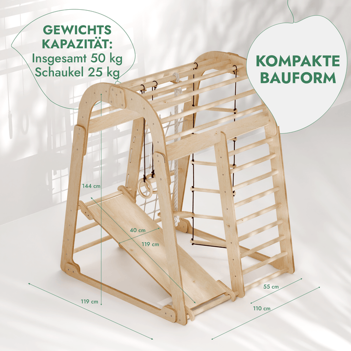 6in1 Indoor Spielplatz für Kinder: Klettergerüst mit Kletternetz, Rutsche, Gymnastikringe, Hängende Leiter und Disc - Schaukel – Beige - Goodevas Schweiz