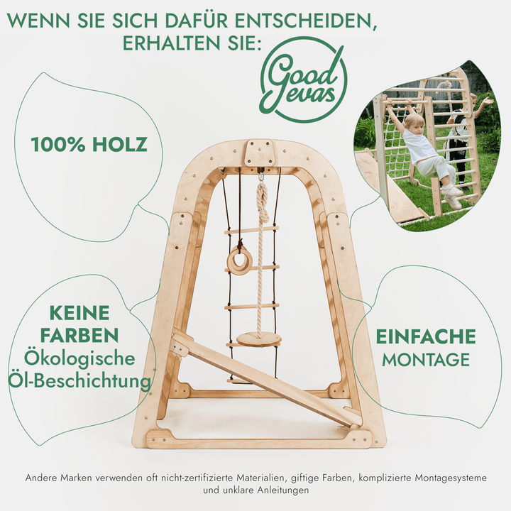 6in1 Indoor Spielplatz für Kinder: Klettergerüst mit Kletternetz, Rutsche, Gymnastikringe, Hängende Leiter und Disc - Schaukel – Beige - Goodevas Schweiz