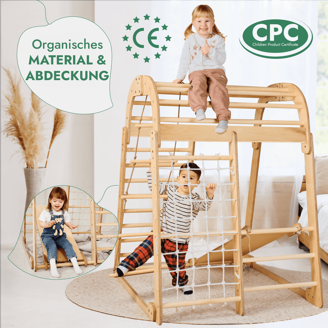 6in1 Indoor Spielplatz für Kinder: Klettergerüst mit Kletternetz, Rutsche, Gymnastikringe, Hängende Leiter und Disc - Schaukel – Beige - Goodevas Schweiz