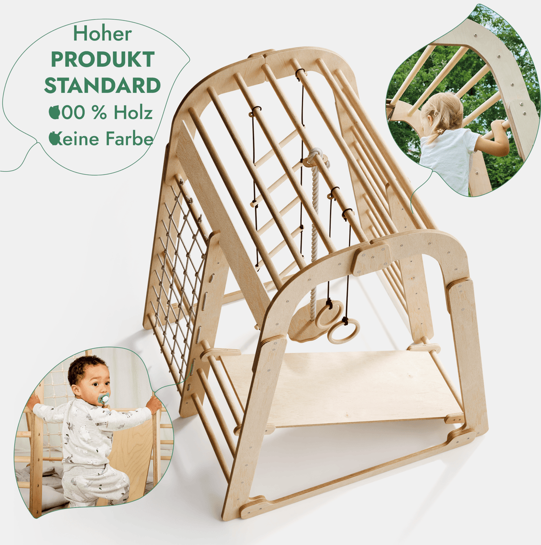 6in1 Indoor Spielplatz für Kinder: Klettergerüst mit Kletternetz, Rutsche, Gymnastikringe, Hängende Leiter und Disc - Schaukel – Beige - Goodevas Schweiz
