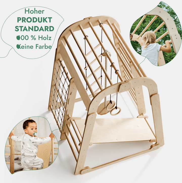 6in1 Indoor Spielplatz für Kinder: Klettergerüst mit Kletternetz, Rutsche, Gymnastikringe, Hängende Leiter und Disc - Schaukel – Beige - Goodevas Schweiz