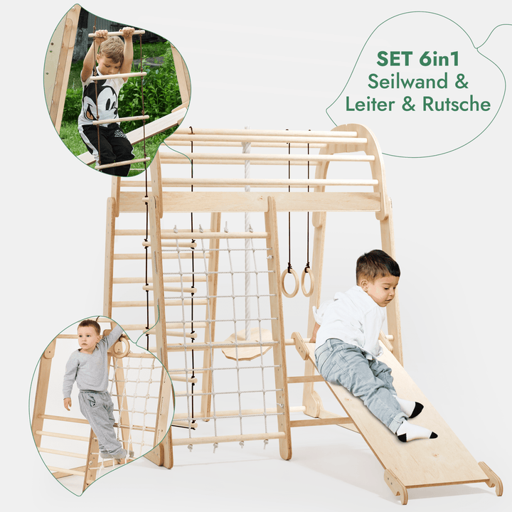 6in1 Indoor Spielplatz für Kinder: Klettergerüst mit Kletternetz, Rutsche, Gymnastikringe, Hängende Leiter und Disc - Schaukel – Beige - Goodevas Schweiz