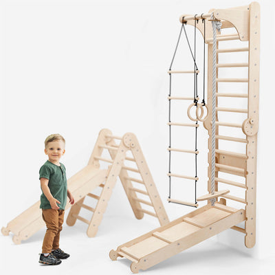 6in1 Spalliera Svedese in Legno / Scala da Arrampicata per Bambini + Set da Altalena + Tavola Scorrevole