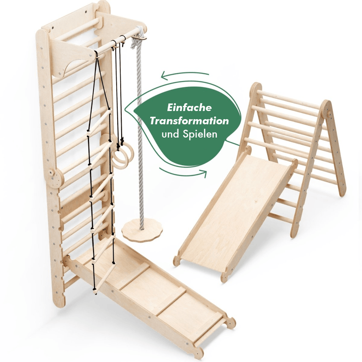 6in1 Kletterwand Indoor: Sprossenwand, Gymnastikringe, Hängende Leiter, Disc - Schaukel, Rutsche und Klimmzugstange für Kinder - Goodevas Schweiz