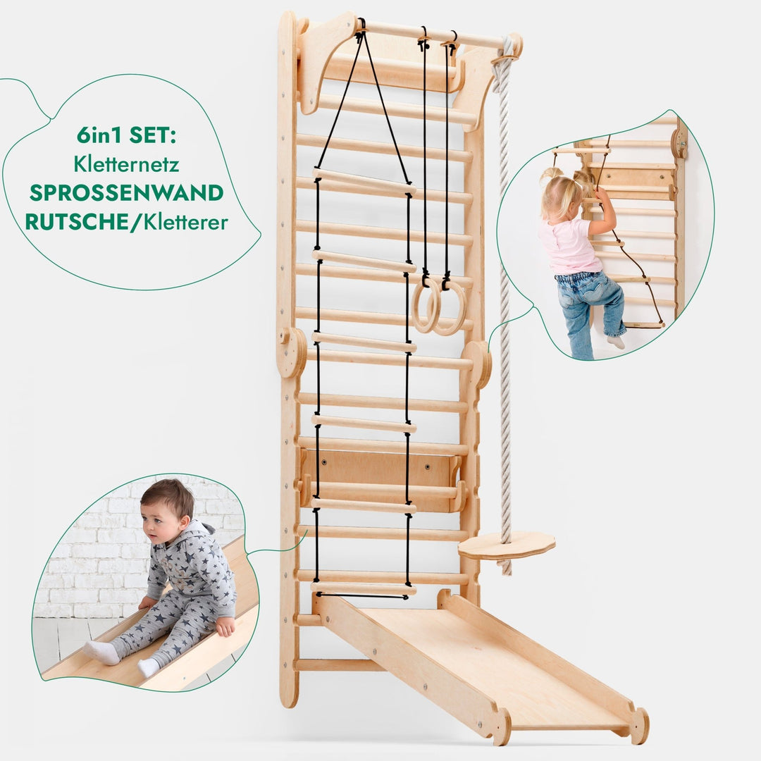 6in1 Kletterwand Indoor: Sprossenwand, Gymnastikringe, Hängende Leiter, Disc - Schaukel, Rutsche und Klimmzugstange für Kinder - Goodevas Schweiz