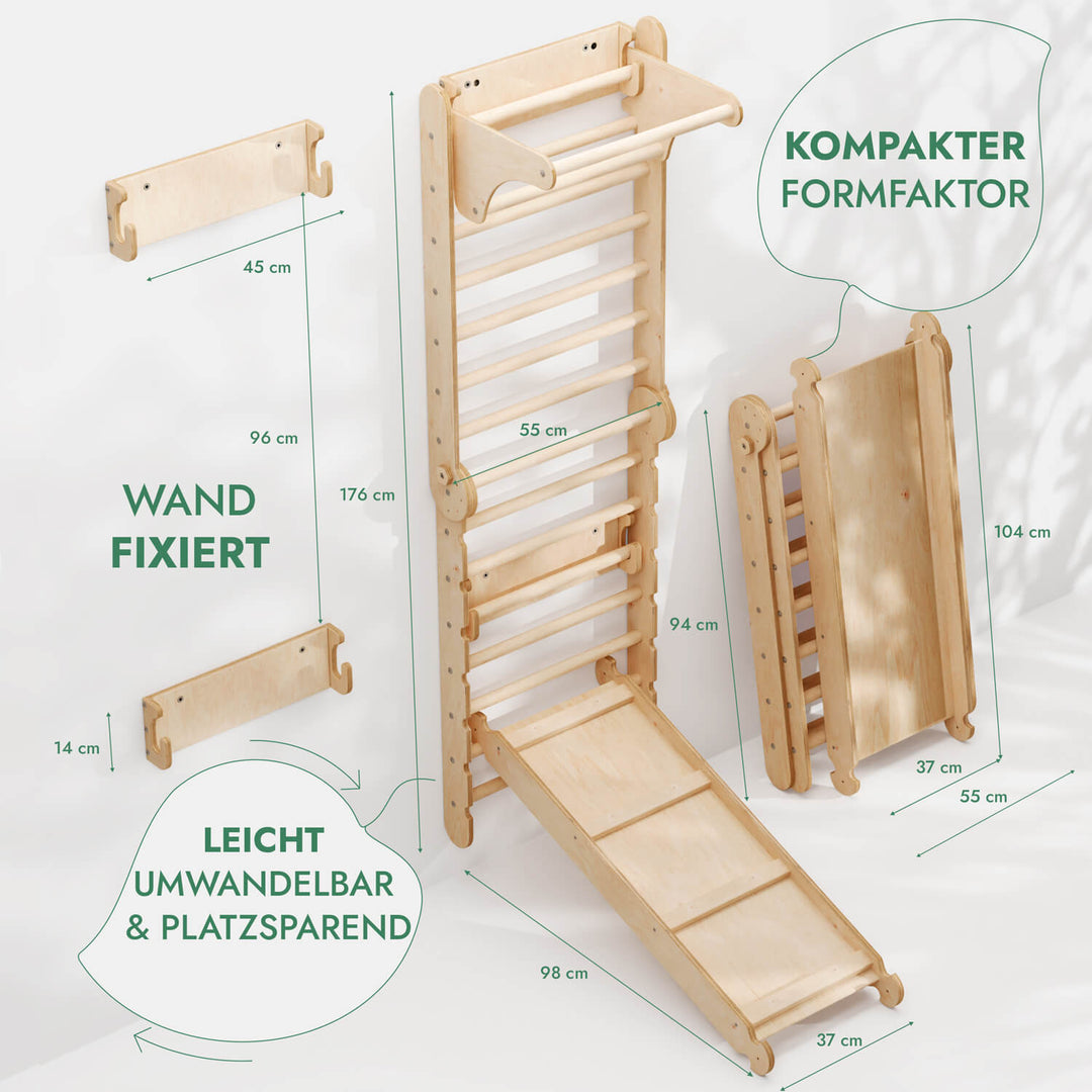 6in1 Kletterwand Indoor: Sprossenwand, Gymnastikringe, Hängende Leiter, Disc - Schaukel, Rutsche und Klimmzugstange für Kinder - Goodevas Schweiz