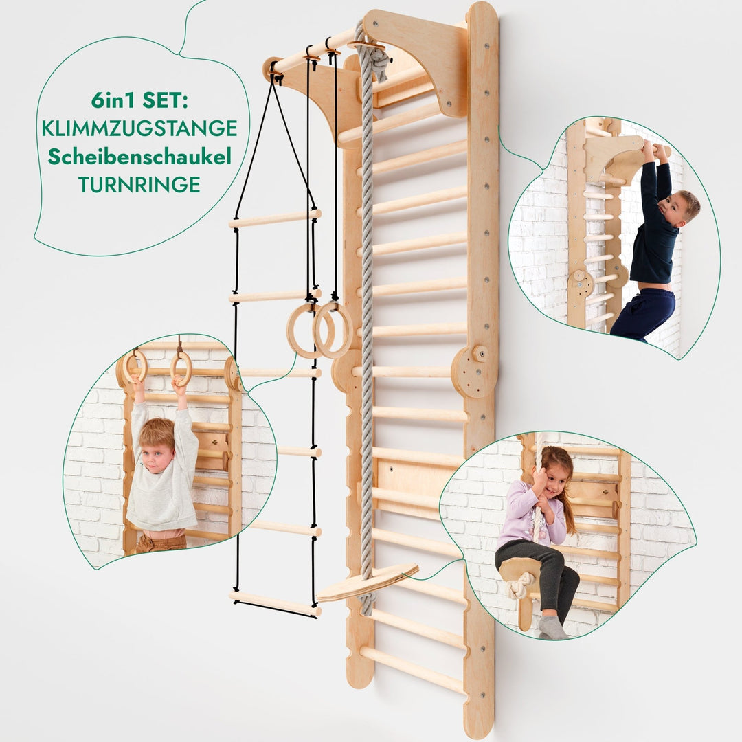 6in1 Kletterwand Indoor: Sprossenwand, Gymnastikringe, Hängende Leiter, Disc - Schaukel, Rutsche und Klimmzugstange für Kinder - Goodevas Schweiz