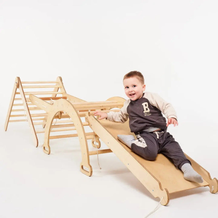 7in1 Montessori Klettergerüst Set: Kletterdreieck, Kletterbogen mit Kissen, Rutsche, Kletternetz, Maltafel und Kinderstuhl, für Kinder 1-7 Jahre – Beige
