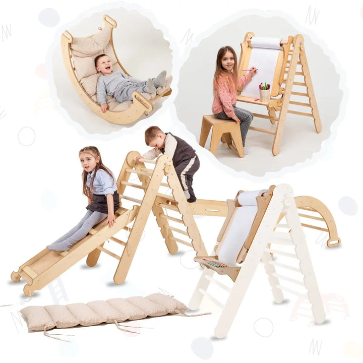 7in1 Montessori Klettergerüst Set: Kletterdreieck, Kletterbogen mit Kissen, Rutsche, Kletternetz, Maltafel und Kinderstuhl, für Kinder 1-7 Jahre – Beige
