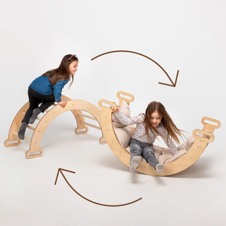7in1 Montessori Klettergerüst Set: Kletterdreieck, Kletterbogen mit Kissen, Rutsche, Kletternetz, Maltafel und Kinderstuhl, für Kinder 1-7 Jahre – Beige