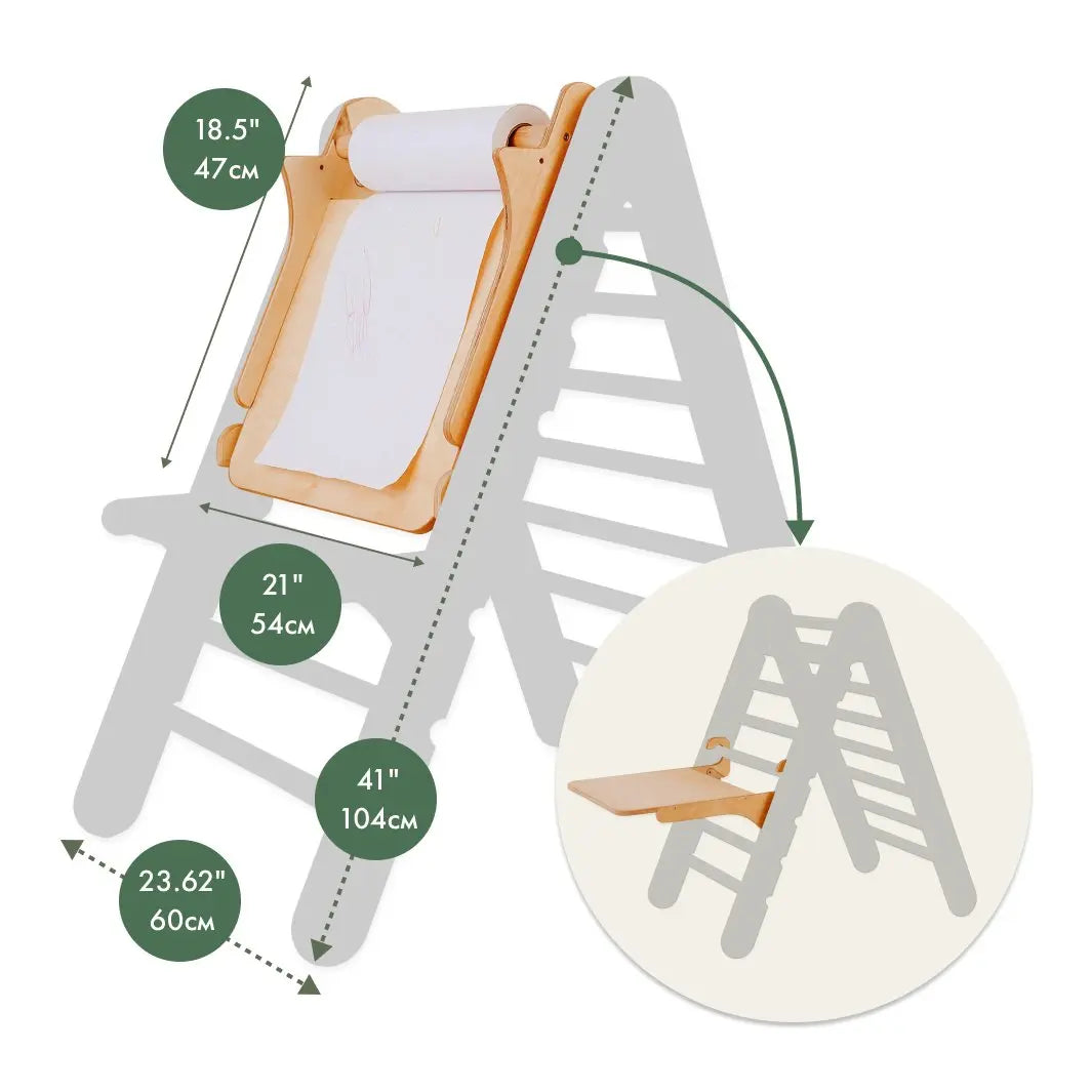 7in1 Montessori Klettergerüst Set: Kletterdreieck, Kletterbogen mit Kissen, Rutsche, Kletternetz, Maltafel und Kinderstuhl, für Kinder 1-7 Jahre – Beige