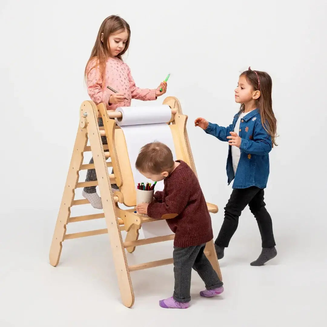 7in1 Montessori Klettergerüst Set: Kletterdreieck, Kletterbogen mit Kissen, Rutsche, Kletternetz, Maltafel und Kinderstuhl, für Kinder 1-7 Jahre – Beige