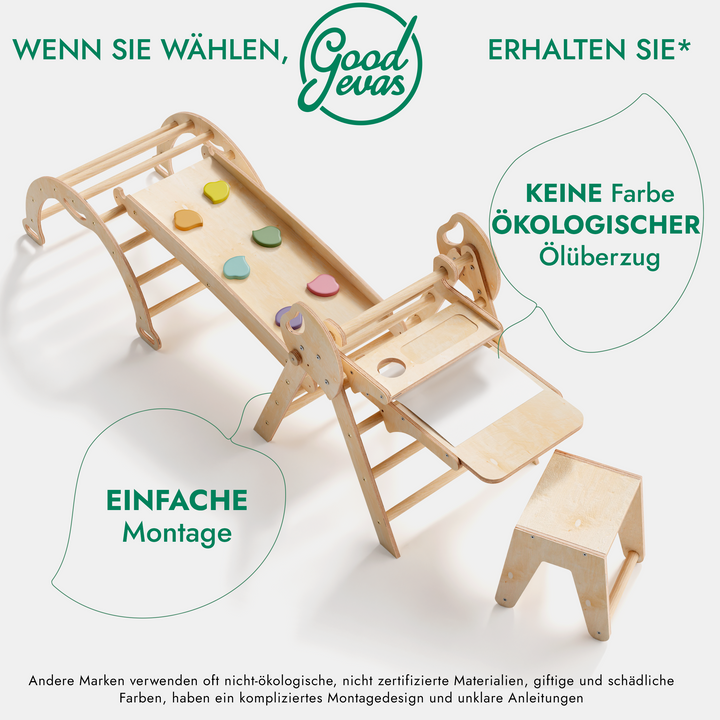 Montessori 5in1 Kletterdreieck für Babys: Pikler-Dreieck, Kletterbogen, Kunst-Erweiterung ,Rutschbrett und Kissen für Kleinkinder (1–3 Jahre)