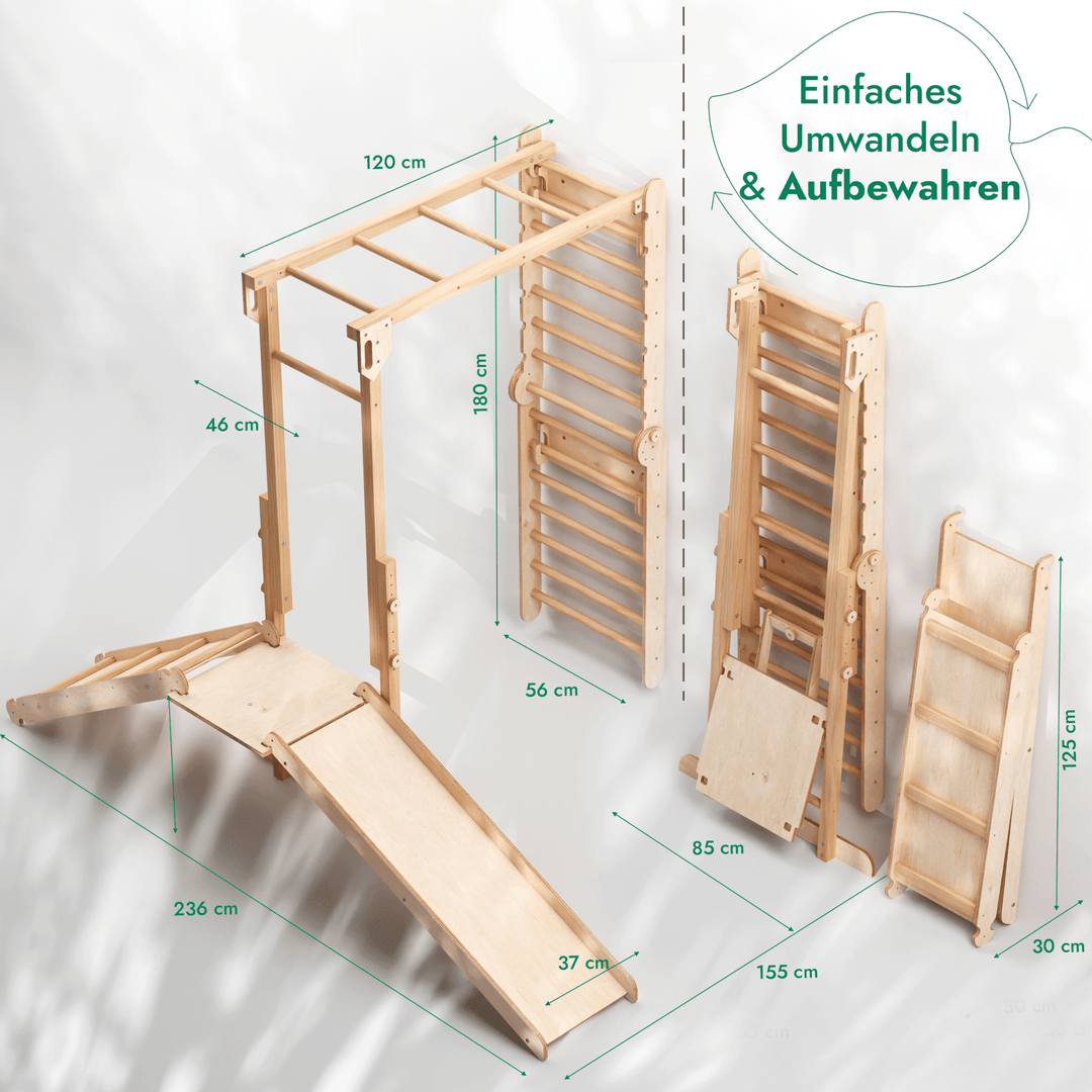 7 - in - 1 Dschungel - Spielset für Kinder: Sprossenwand + Kletterstange + Schaukelset + Rutsche + Kletterrampe - Goodevas Schweiz