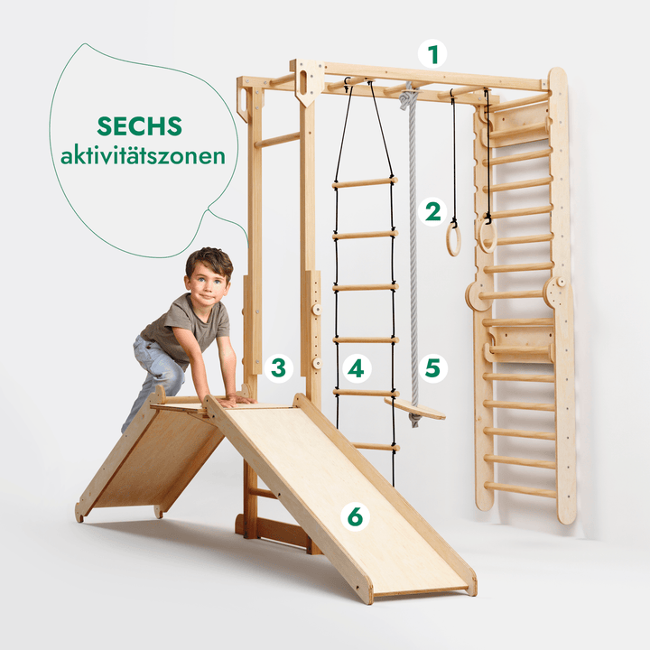 7 - in - 1 Dschungel - Spielset für Kinder: Sprossenwand + Kletterstange + Schaukelset + Rutsche + Kletterrampe - Goodevas Schweiz