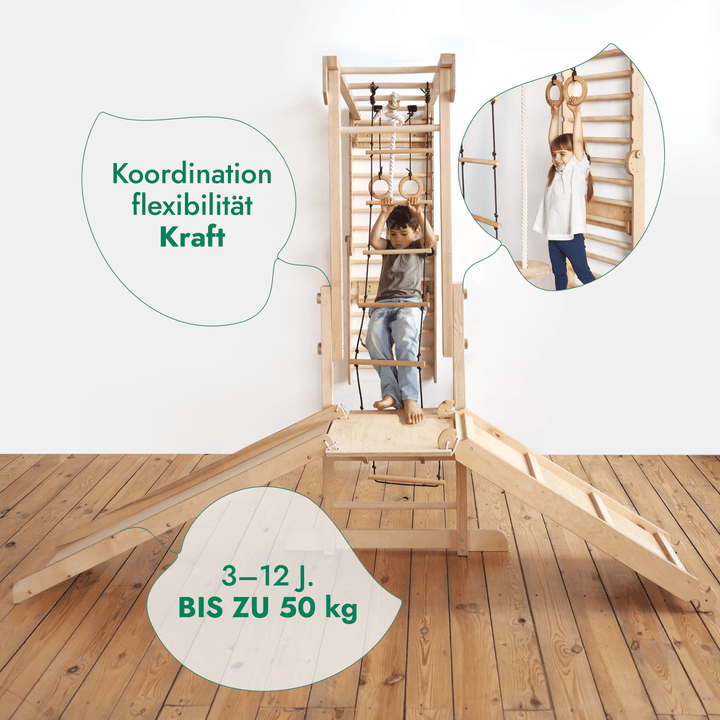 7 - in - 1 Dschungel - Spielset für Kinder: Sprossenwand + Kletterstange + Schaukelset + Rutsche + Kletterrampe - Goodevas Schweiz