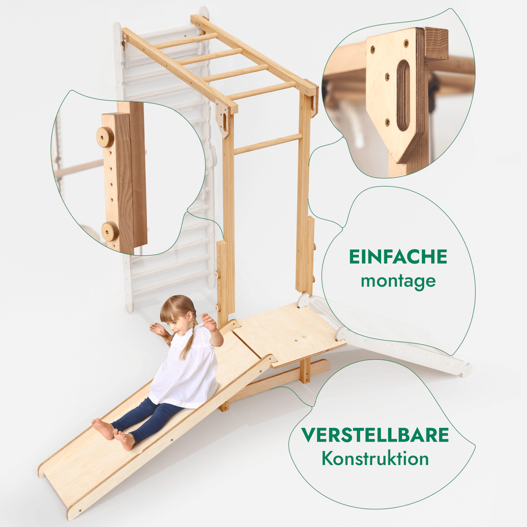 7 - in - 1 Dschungel - Spielset für Kinder: Sprossenwand + Kletterstange + Schaukelset + Rutsche + Kletterrampe - Goodevas Schweiz