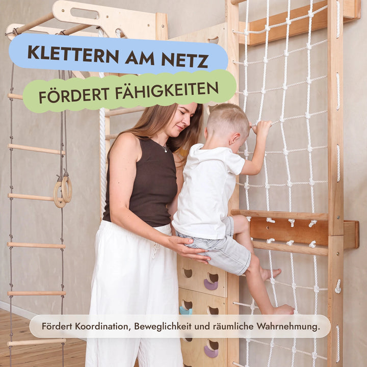 7-in-1 Kletterwand fürs Kinderzimmer mit Sprossenwand, Kletternetz, Klimmzugstange & (3in1) Kinderschaukel-Set - Goodevas Schweiz