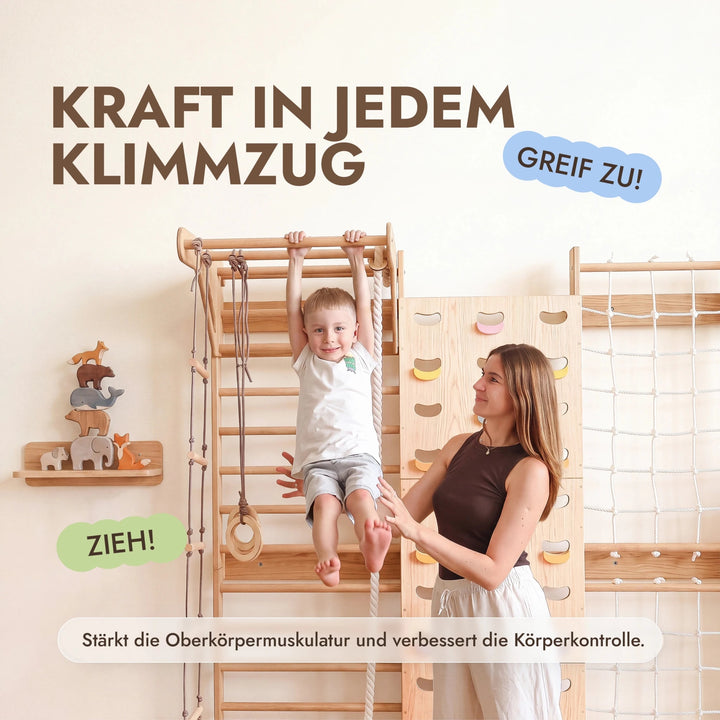 7-in-1 Kletterwand fürs Kinderzimmer mit Sprossenwand, Kletternetz, Klimmzugstange & (3in1) Kinderschaukel-Set - Goodevas Schweiz