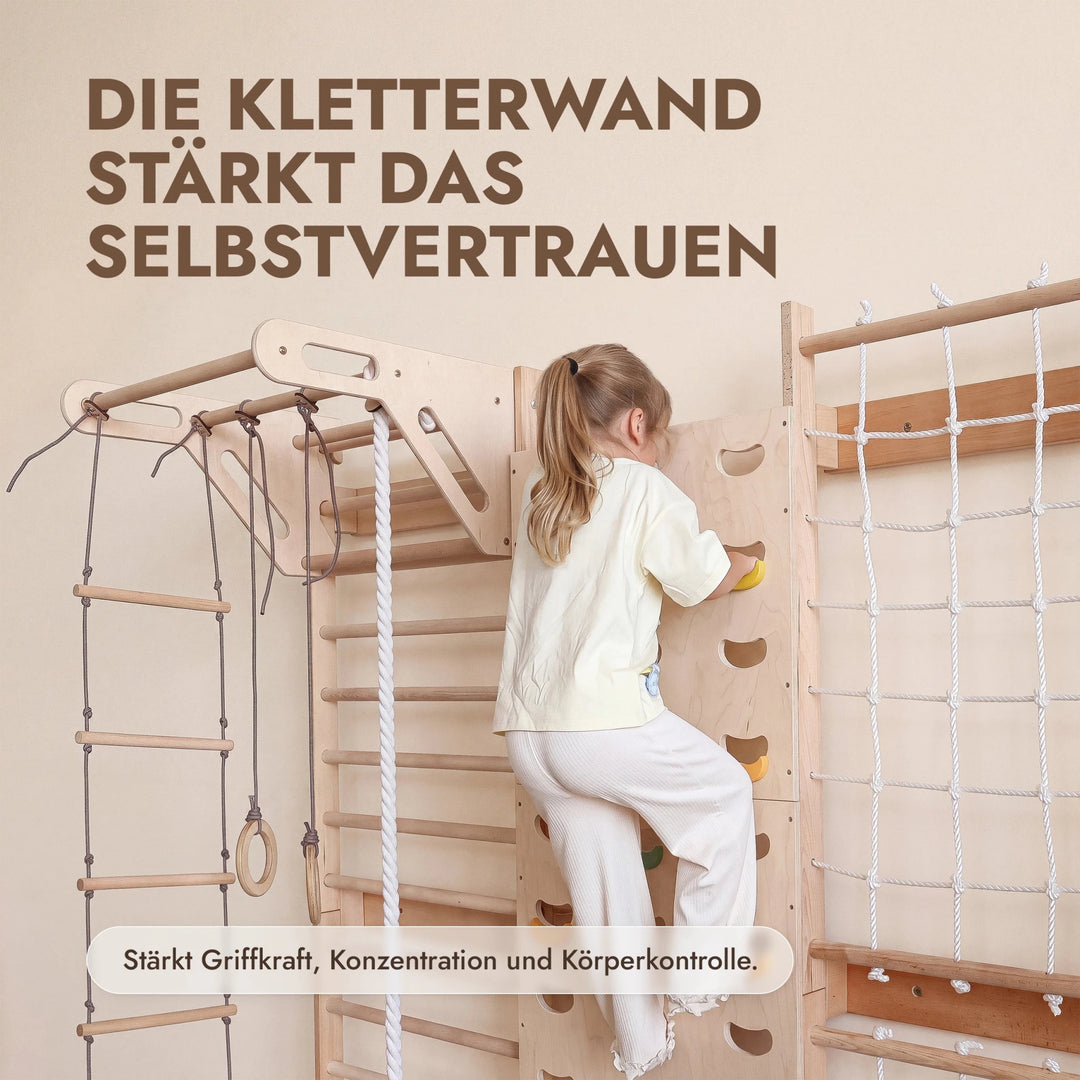 7-in-1 Kletterwand fürs Kinderzimmer mit Sprossenwand, Kletternetz, Klimmzugstange & (3in1) Kinderschaukel-Set - Goodevas Schweiz