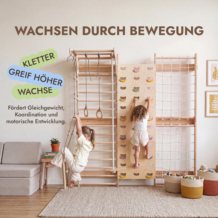 7-in-1 Kletterwand fürs Kinderzimmer mit Sprossenwand, Kletternetz, Klimmzugstange & (3in1) Kinderschaukel-Set - Goodevas Schweiz