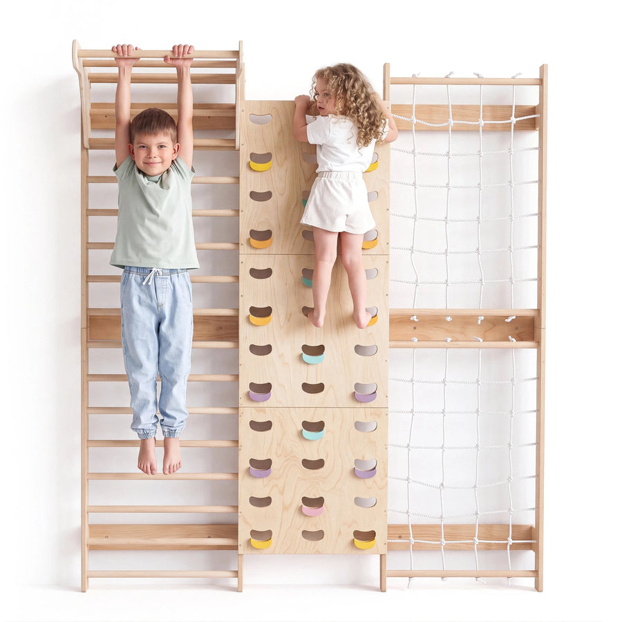 7-in-1 Kletterwand fürs Kinderzimmer mit Sprossenwand, Kletternetz, Klimmzugstange & (3in1) Kinderschaukel-Set - Goodevas Schweiz
