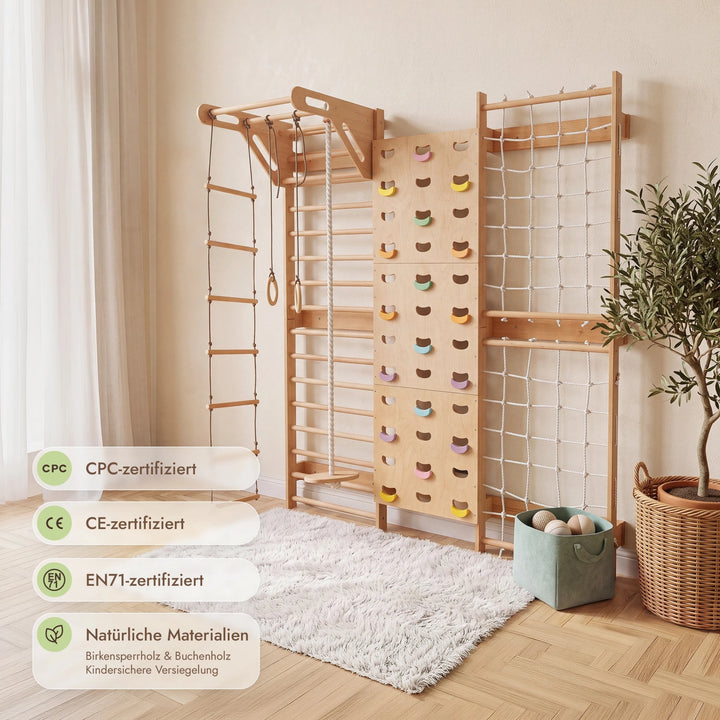 7-in-1 Kletterwand fürs Kinderzimmer mit Sprossenwand, Kletternetz, Klimmzugstange & (3in1) Kinderschaukel-Set - Goodevas Schweiz