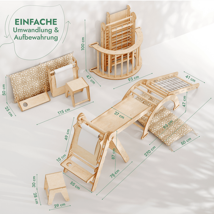 7in1 Montessori Klettergerüst Set: Kletterdreieck, Kletterbogen mit Kissen, Rutsche, Kletternetz, Maltafel und Kinderstuhl, für Kinder 1 - 7 Jahre – Beige - Goodevas Schweiz