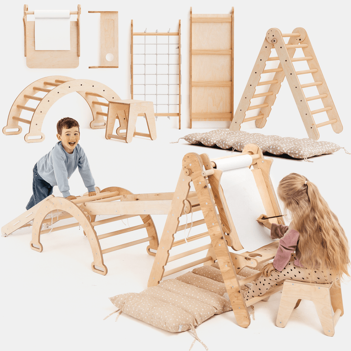 7in1 Montessori Klettergerüst Set: Kletterdreieck, Kletterbogen mit Kissen, Rutsche, Kletternetz, Maltafel und Kinderstuhl, für Kinder 1 - 7 Jahre – Beige - Goodevas Schweiz