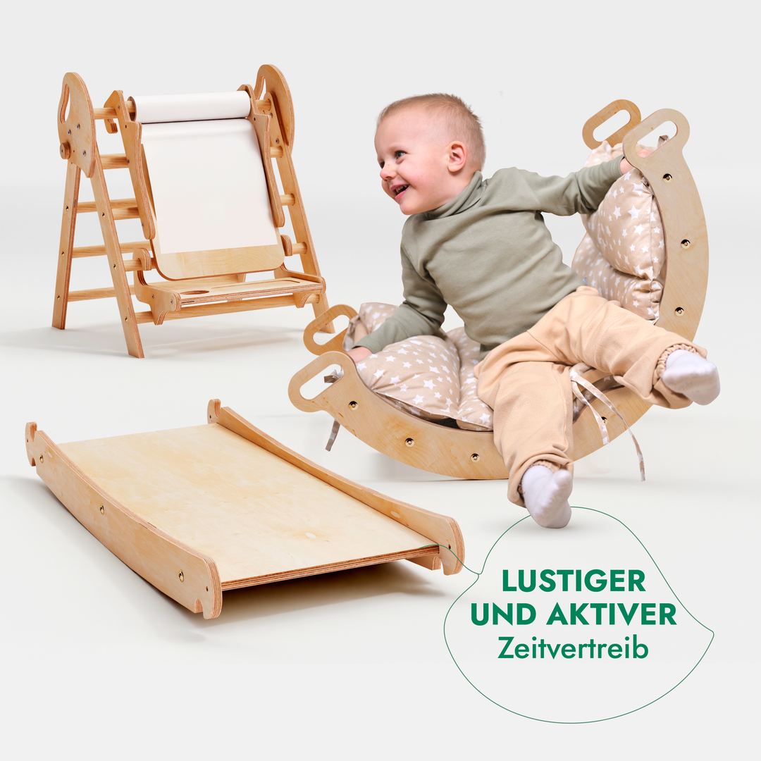 Montessori 5in1 Kletterdreieck für Babys: Pikler-Dreieck, Kletterbogen, Kunst-Erweiterung ,Rutschbrett und Kissen für Kleinkinder (1–3 Jahre)