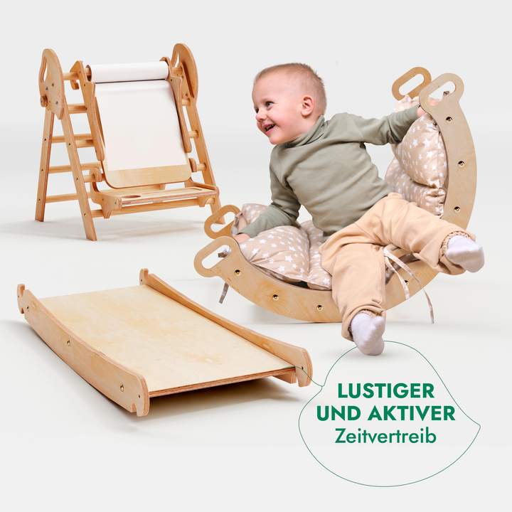 Montessori 5in1 Kletterdreieck für Babys: Pikler-Dreieck, Kletterbogen, Kunst-Erweiterung ,Rutschbrett und Kissen für Kleinkinder (1–3 Jahre)