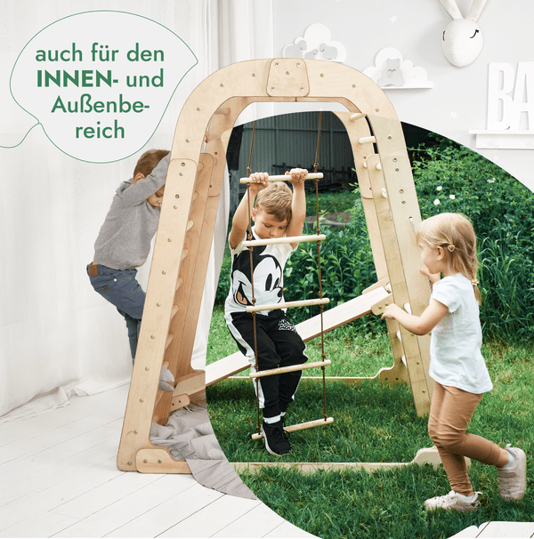 8in1 Indoor Spielplatz: Klettergerüst mit Kletternetz, Rutsche, Gymnastikringe, Hängende Leiter, Disc - Schaukel, Maltafel und Kinderstuhl – Beige - Goodevas Schweiz