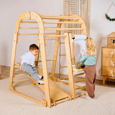 Aire de Jeux en Bois pour Enfants - 8en1 Aire de Jeux + Ensemble de Balançoires + Toboggan + Complément artistique