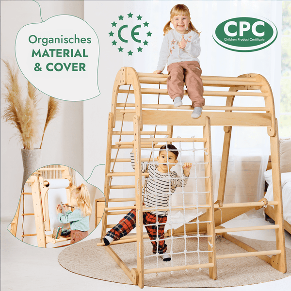 8in1 Indoor Spielplatz: Klettergerüst mit Kletternetz, Rutsche, Gymnastikringe, Hängende Leiter, Disc - Schaukel, Maltafel und Kinderstuhl – Beige - Goodevas Schweiz