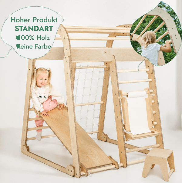 8in1 Indoor Spielplatz: Klettergerüst mit Kletternetz, Rutsche, Gymnastikringe, Hängende Leiter, Disc - Schaukel, Maltafel und Kinderstuhl – Beige - Goodevas Schweiz