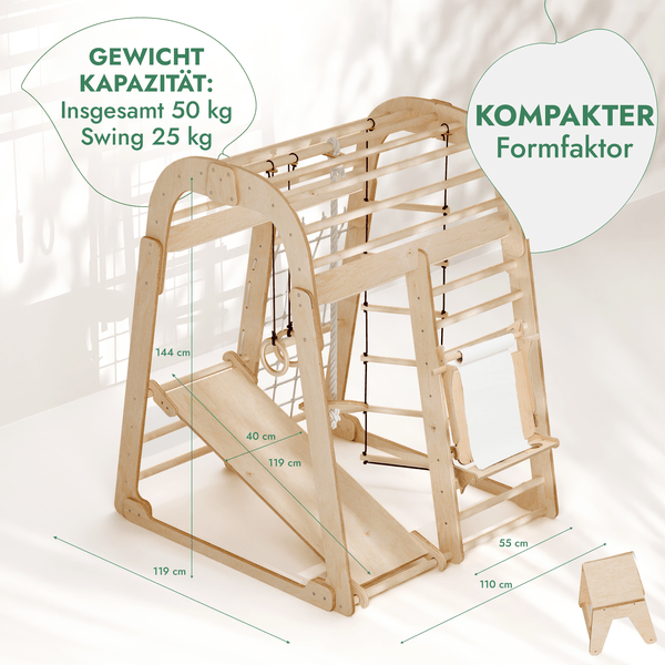 8in1 Indoor Spielplatz: Klettergerüst mit Kletternetz, Rutsche, Gymnastikringe, Hängende Leiter, Disc - Schaukel, Maltafel und Kinderstuhl – Beige - Goodevas Schweiz