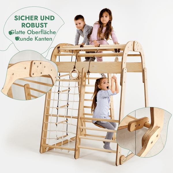 8in1 Indoor Spielplatz: Klettergerüst mit Kletternetz, Rutsche, Gymnastikringe, Hängende Leiter, Disc - Schaukel, Maltafel und Kinderstuhl – Beige - Goodevas Schweiz