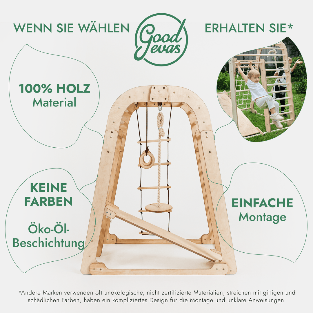 8in1 Indoor Spielplatz: Klettergerüst mit Kletternetz, Rutsche, Gymnastikringe, Hängende Leiter, Disc - Schaukel, Maltafel und Kinderstuhl – Beige - Goodevas Schweiz