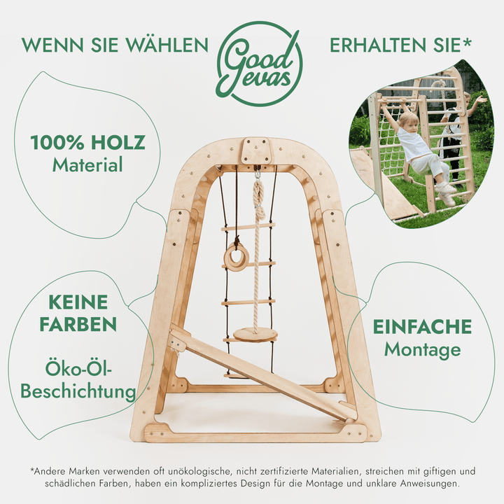8in1 Indoor Spielplatz: Klettergerüst mit Kletternetz, Rutsche, Gymnastikringe, Hängende Leiter, Disc - Schaukel, Maltafel und Kinderstuhl – Beige - Goodevas Schweiz