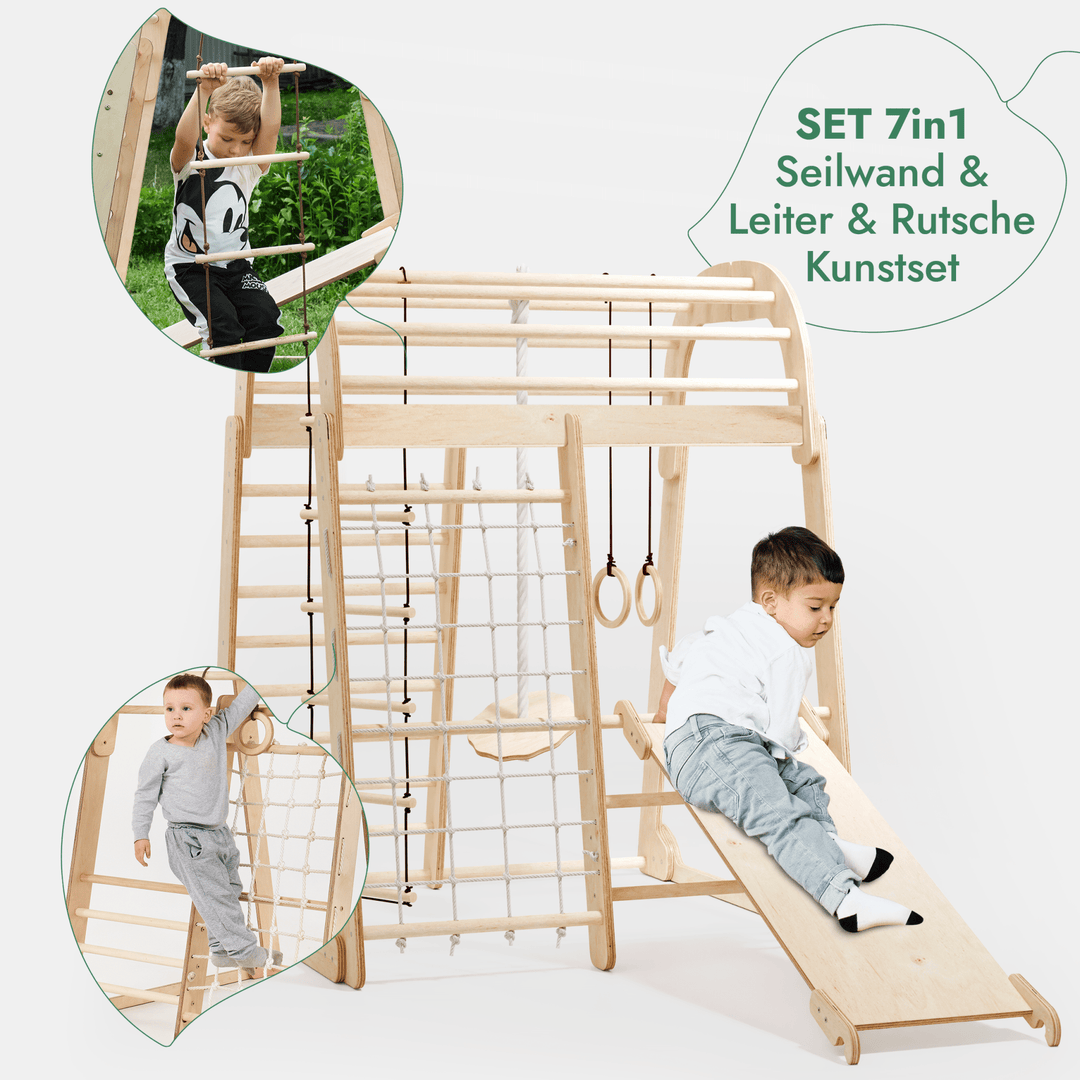 8in1 Indoor Spielplatz: Klettergerüst mit Kletternetz, Rutsche, Gymnastikringe, Hängende Leiter, Disc - Schaukel, Maltafel und Kinderstuhl – Beige - Goodevas Schweiz